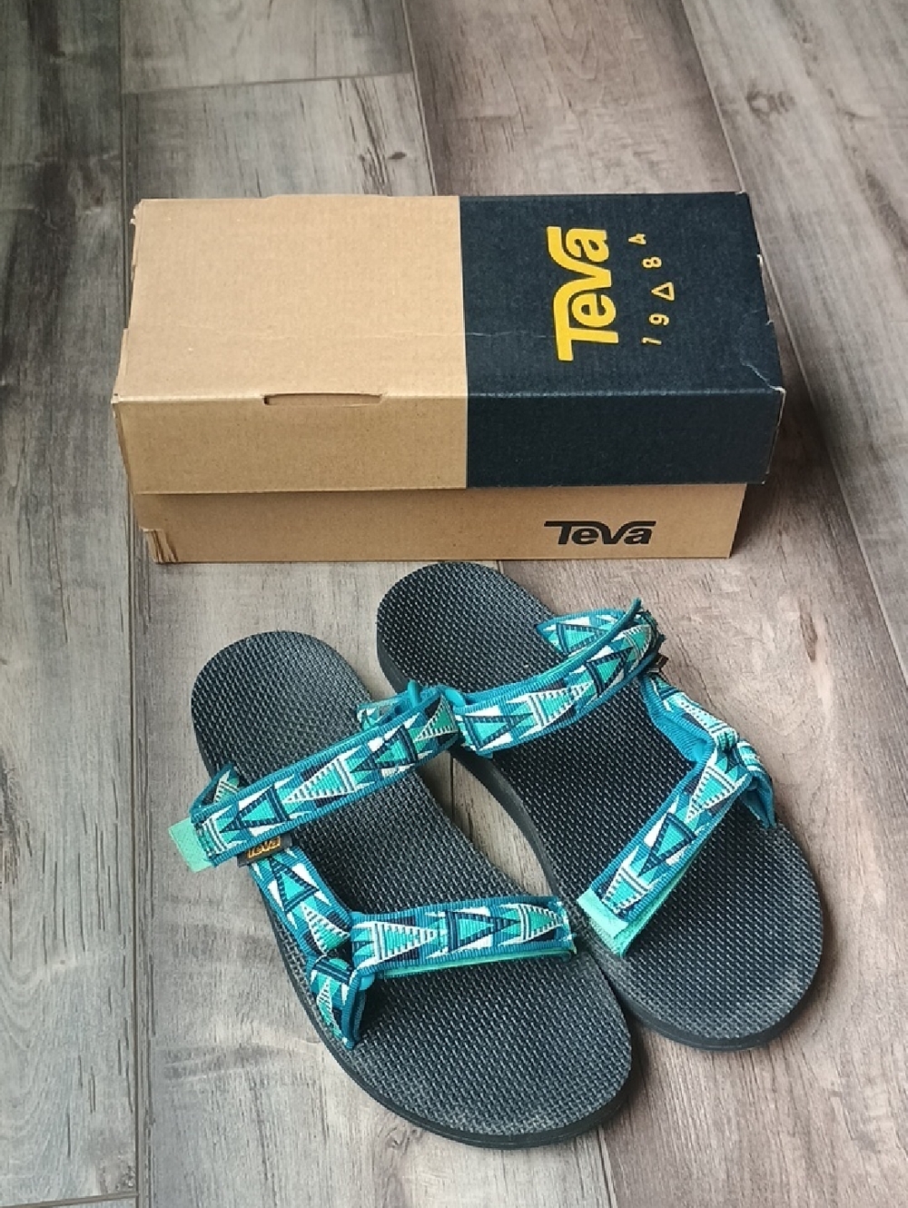 Teva Universal Slide Mosaic Deep Teal Sandals with Black Footbeds With Box